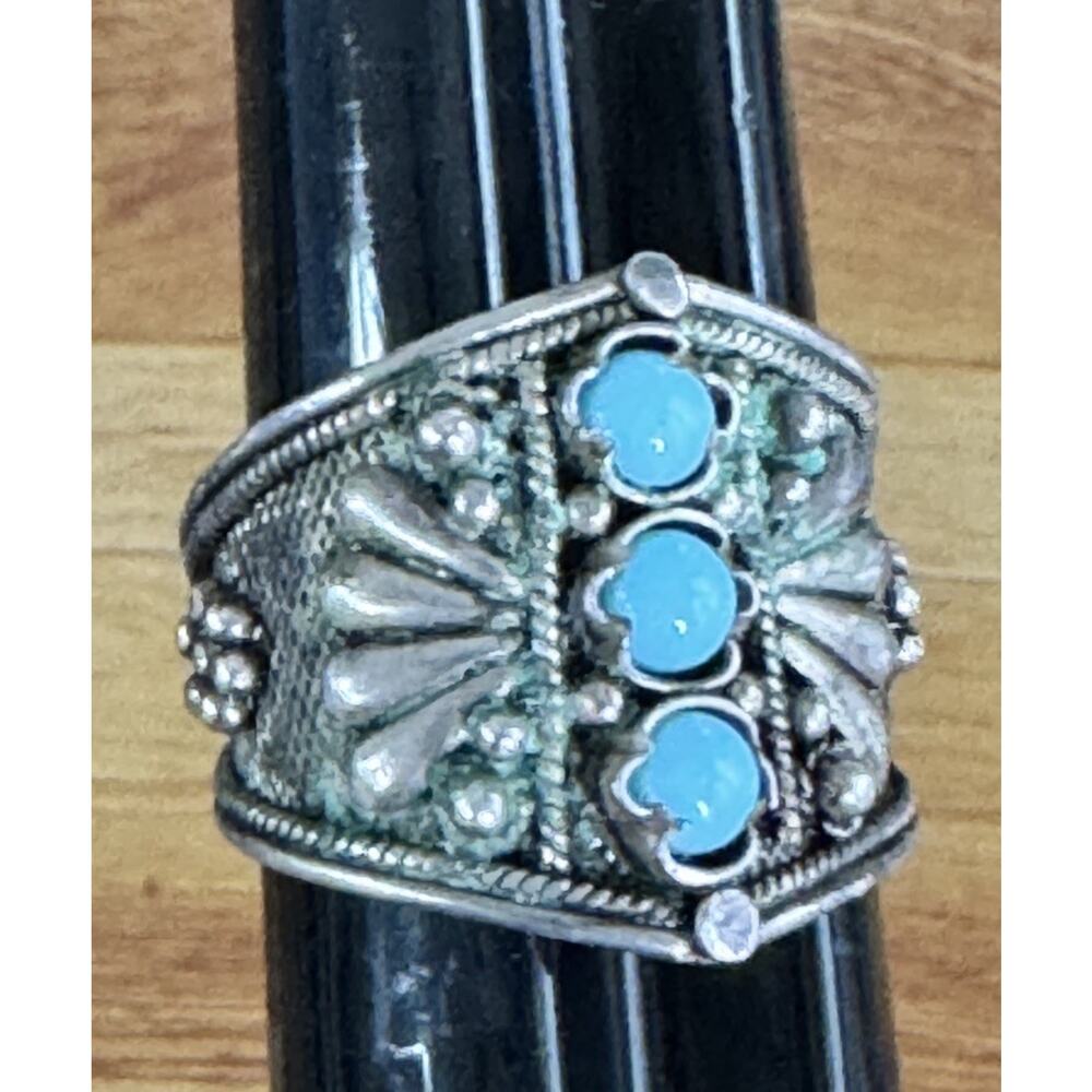 Vintage Tribal Sterling Silver 3 Stone Turquoise Saddle Ring Afghan Kuchi Sz 8